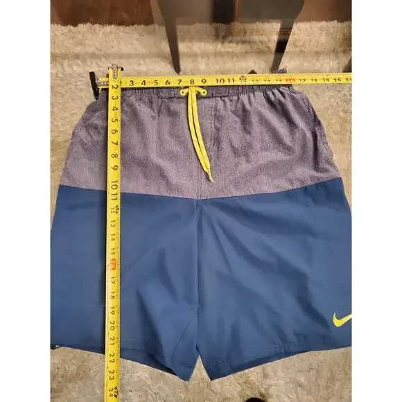 Nike Men Blue Polyester Pull On Drawstring Swim Trunk Logo Print Shorts Size LT